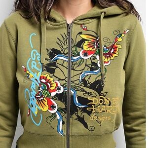 Ed Hardy Butterflies Y2K Olive Crop Zip Hoodie Brand New with Tags Size Small